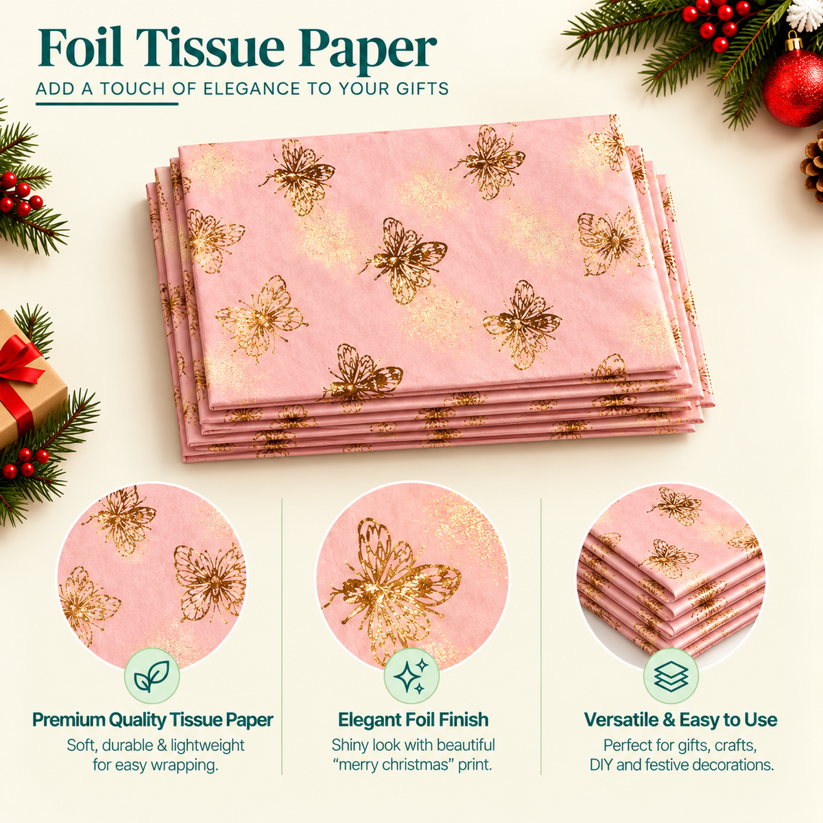 Pack of 5 Honeybees Toss Design 50 x 70 cm Luxury Gold Foil Tissue Sheets - Summer, Spring, Birthday Celebration