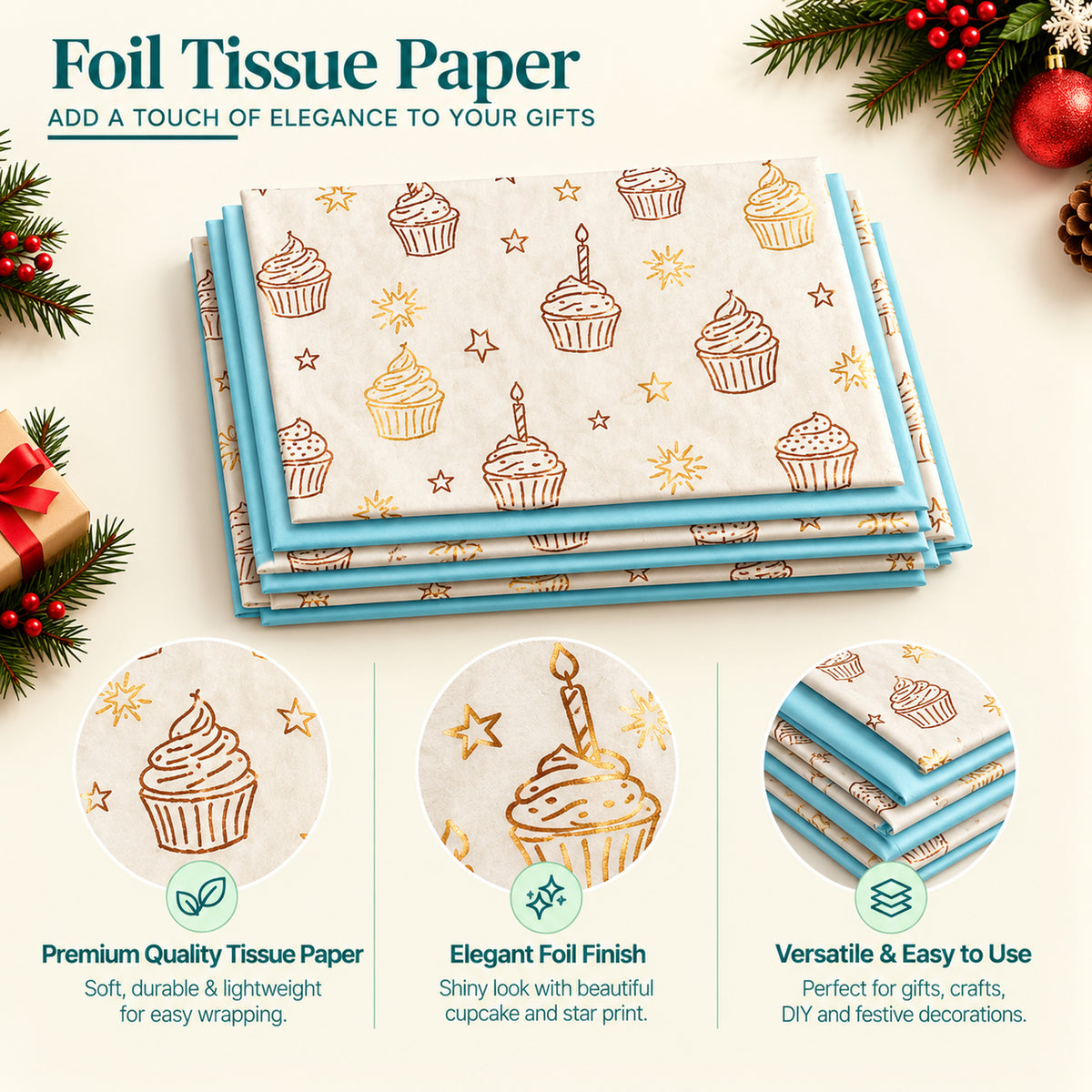Pack of 8 Sweet Celebration Luxury Gold Foil Design & Plain Sky Blue 50 x 70 cm Tissue Sheets - Birthday, Cake, Boys