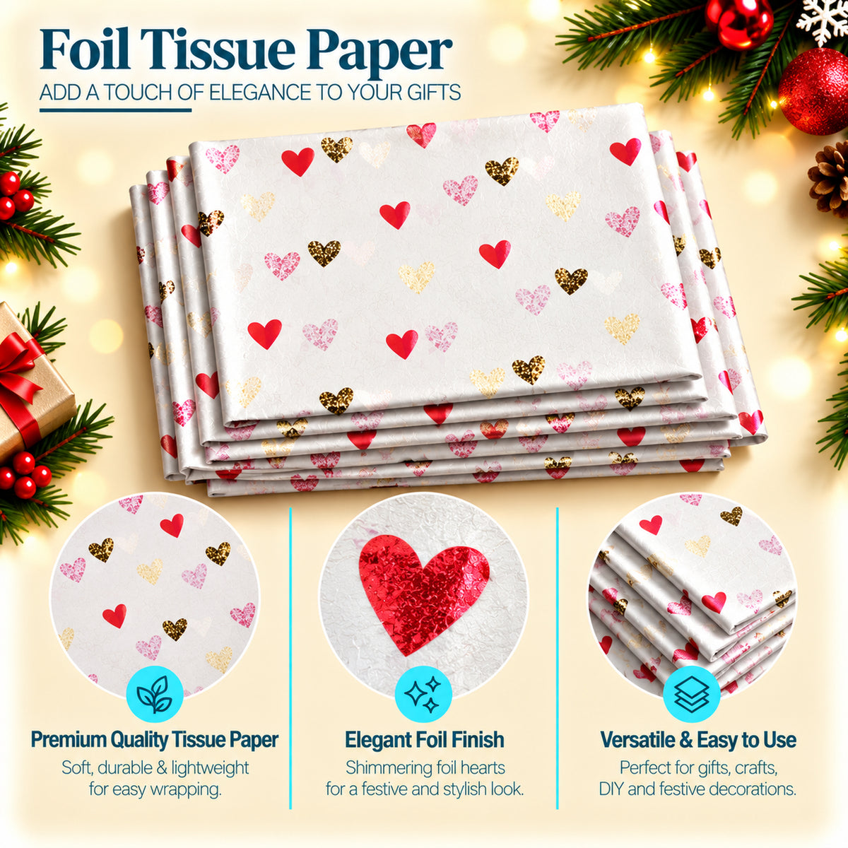 Pack of 5 Valentine Elegance Hearts Design 50 x 70 cm Luxury Red Foil Tissue Sheets - Wedding, Anniversary