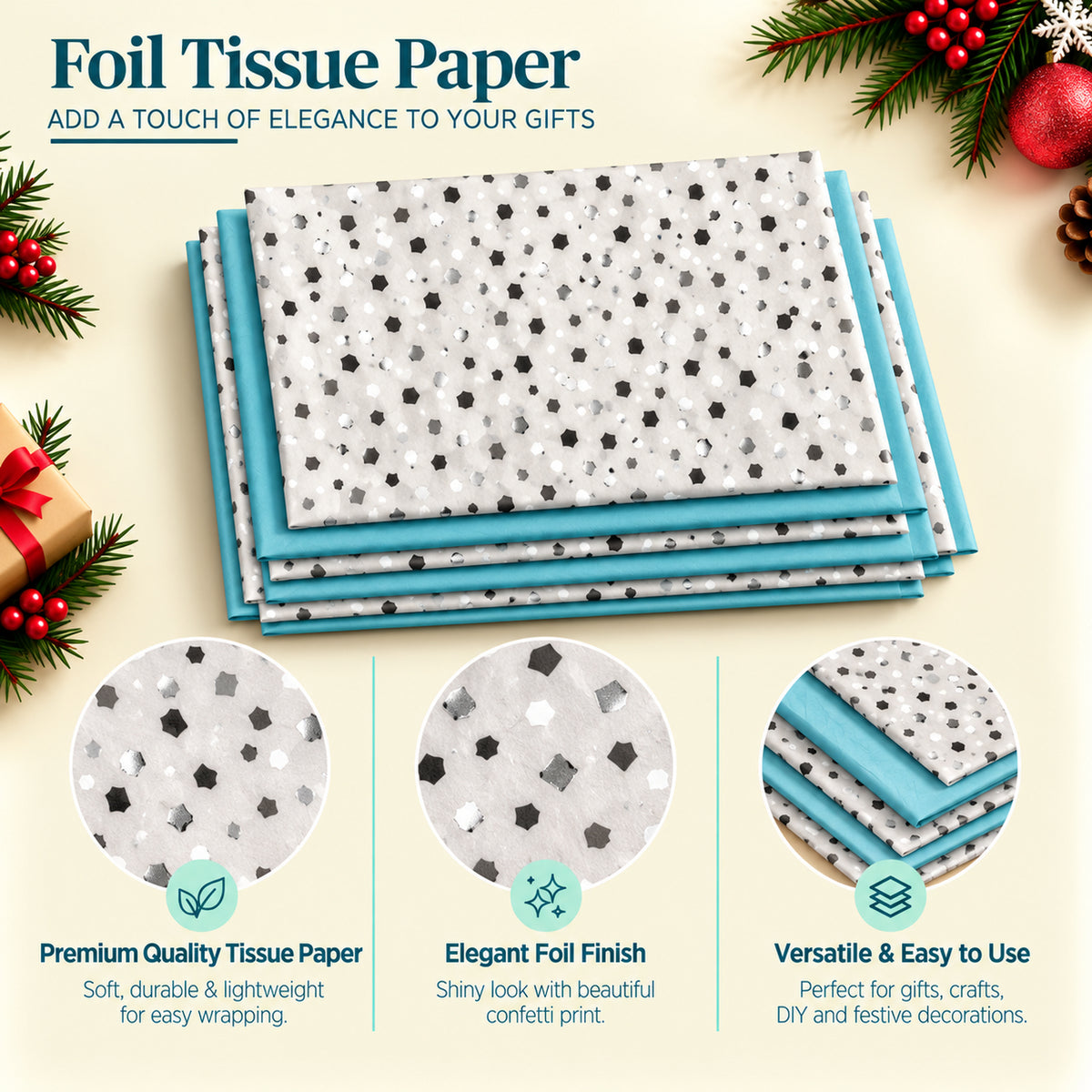Pack of 8 Diamond Sparkle Luxury Foil Design & Plain Sky Blue 50 x 70 cm Tissue Sheets - Birthday Summer Everyday Celebrations