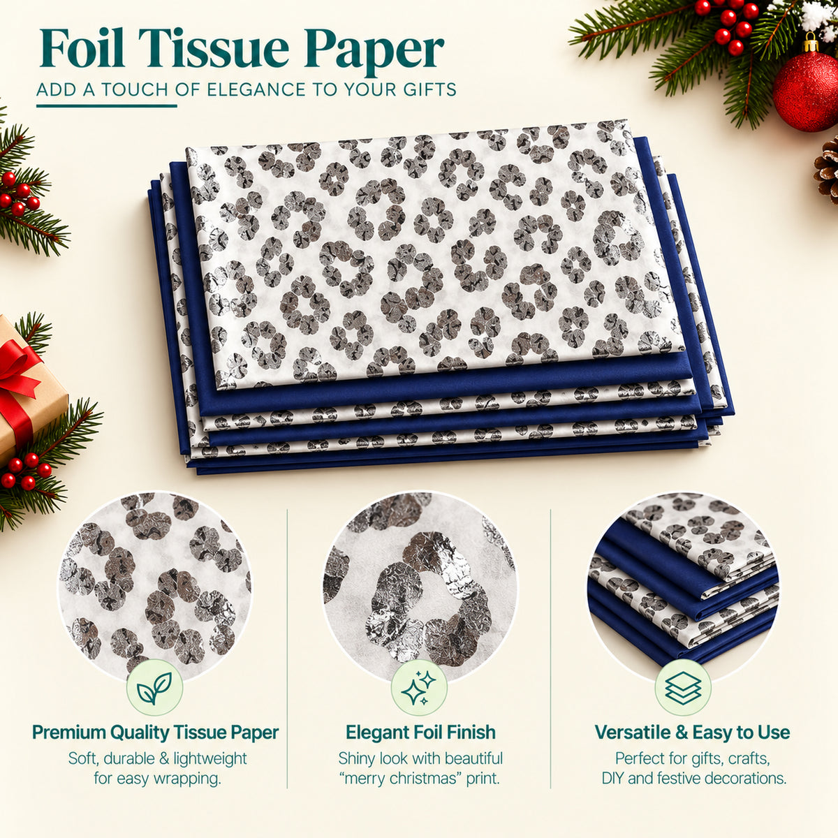 Pack of 8 Wild Leopard Luxury Foil Design & Plain Navy Blue 50 x 70 cm Tissue Sheets - Christmas Birthday Any Occasion