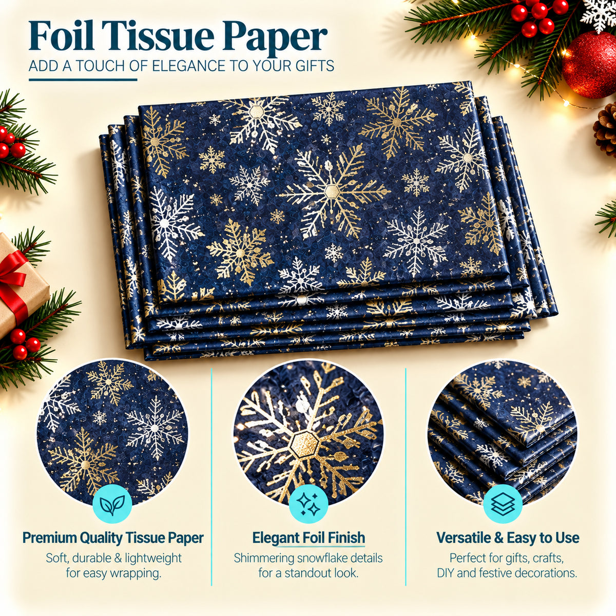 Pack of 5 Winter Christmas Snowflakes Design 50 x 70 cm Luxury Silver Foil Tissue Sheets