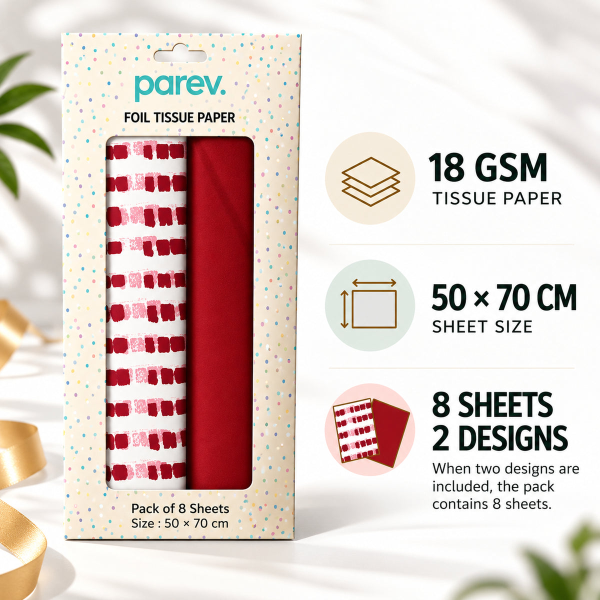 Pack of 8 Soft Dash Luxury Red Foil Design & Plain Red 50 x 70 cm Tissue Sheets - Christmas Valentine Wedding
