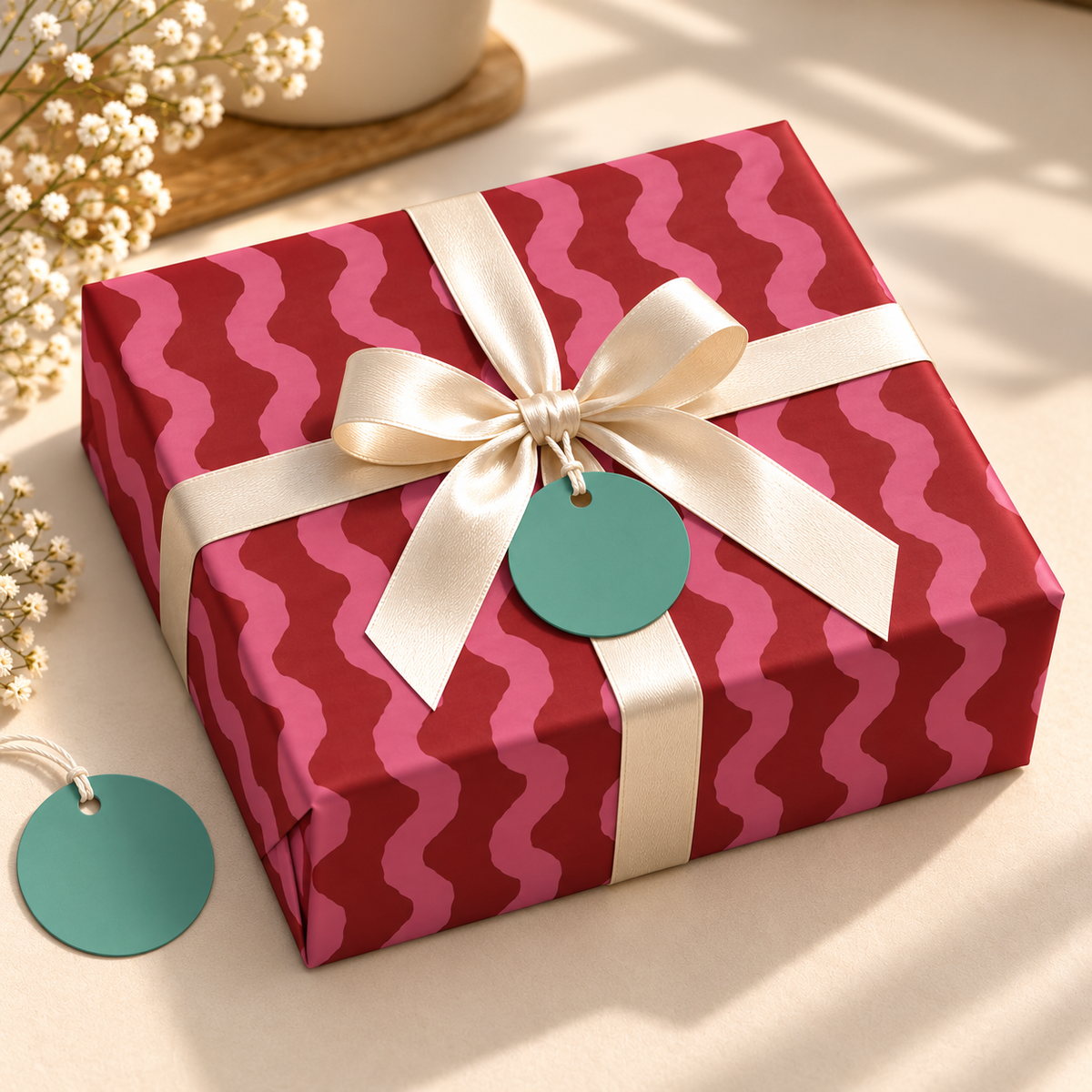 Pack of 2 Cherry Waves Design 50 x 70 cm Gift Wrap Sheets with 2 Tags - Christmas Birthdays Kids Party Holiday Gifting
