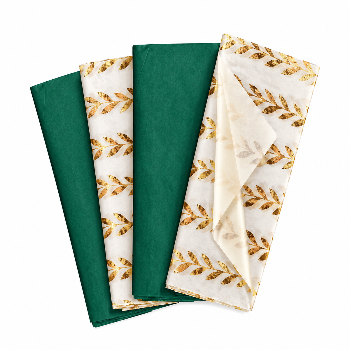 Pack of 8 Garden Bands Luxury Gold Foil Design & Plain Green 50 x 70 cm Tissue Sheets - Christmas Winter Celebrations Wedding Anniversary