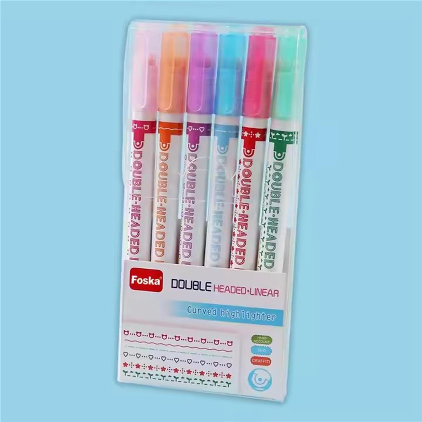Pack of 6 Double Headed Linear Curved Highlighters