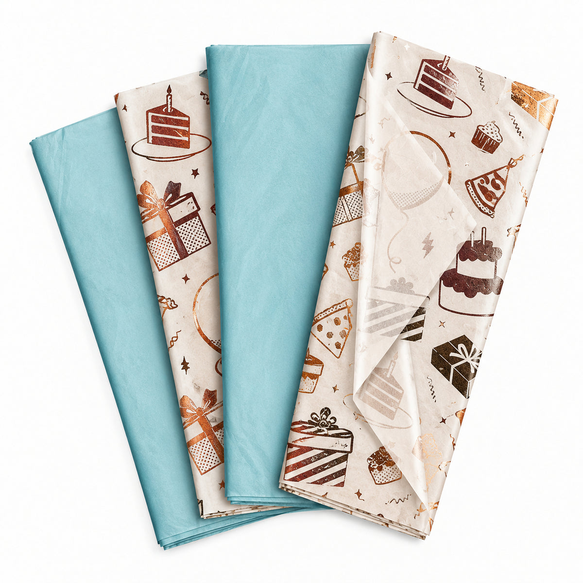 Pack of 8 Birthday Bliss Luxury Gold Foil Design & Plain Sky Blue 50 x 70 cm Tissue Sheets - Boys, Cake, Celebration