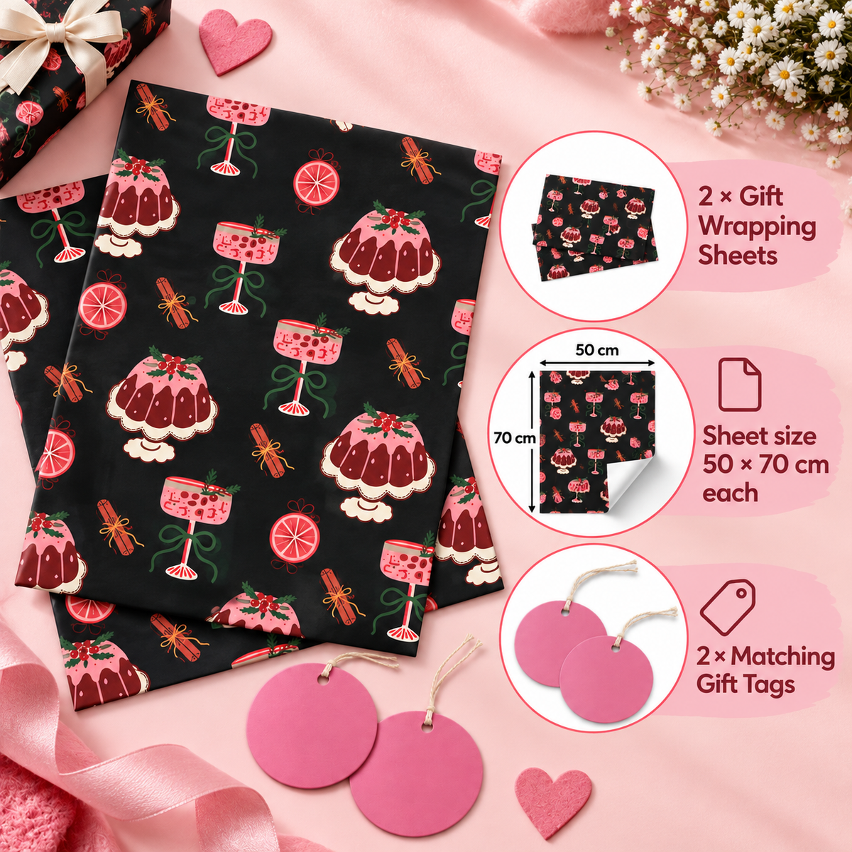 Pack of 2 Dessert Festive Design 50 x 70 cm Gift Wrap Sheets with 2 Tags - Christmas Birthdays Parties Holiday Gifting