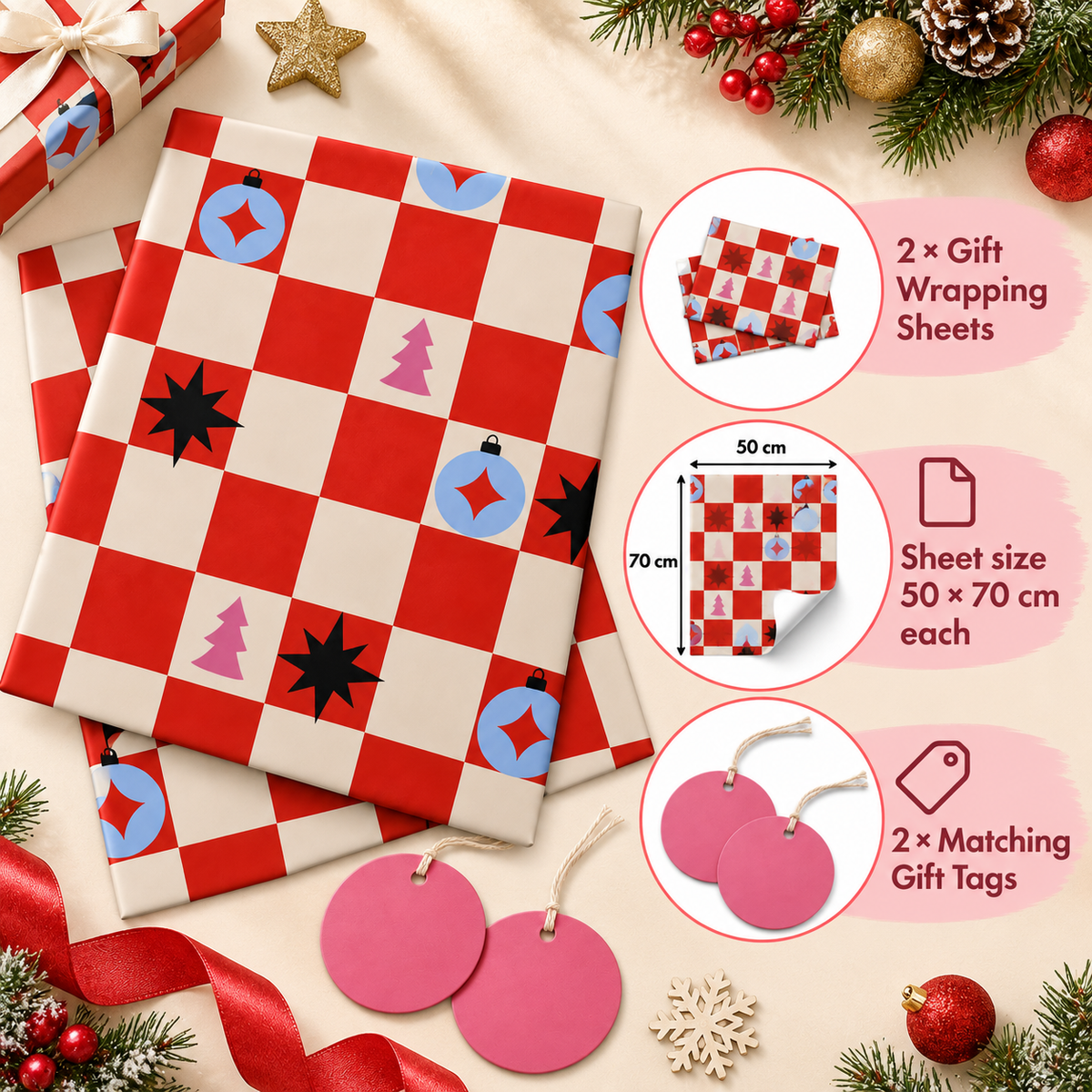 Pack of 2 Festive Checkboard Design 50 x 70 cm Gift Wrap Sheets with 2 Tags - Christmas Valentine’s Mother's Day Everyday Celebrations