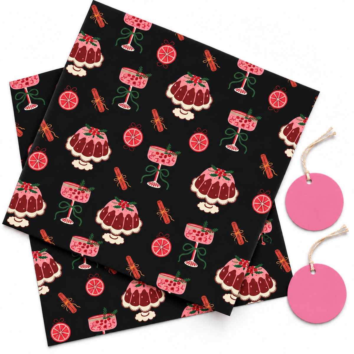 Pack of 2 Dessert Festive Design 50 x 70 cm Gift Wrap Sheets with 2 Tags - Christmas Birthdays Parties Holiday Gifting