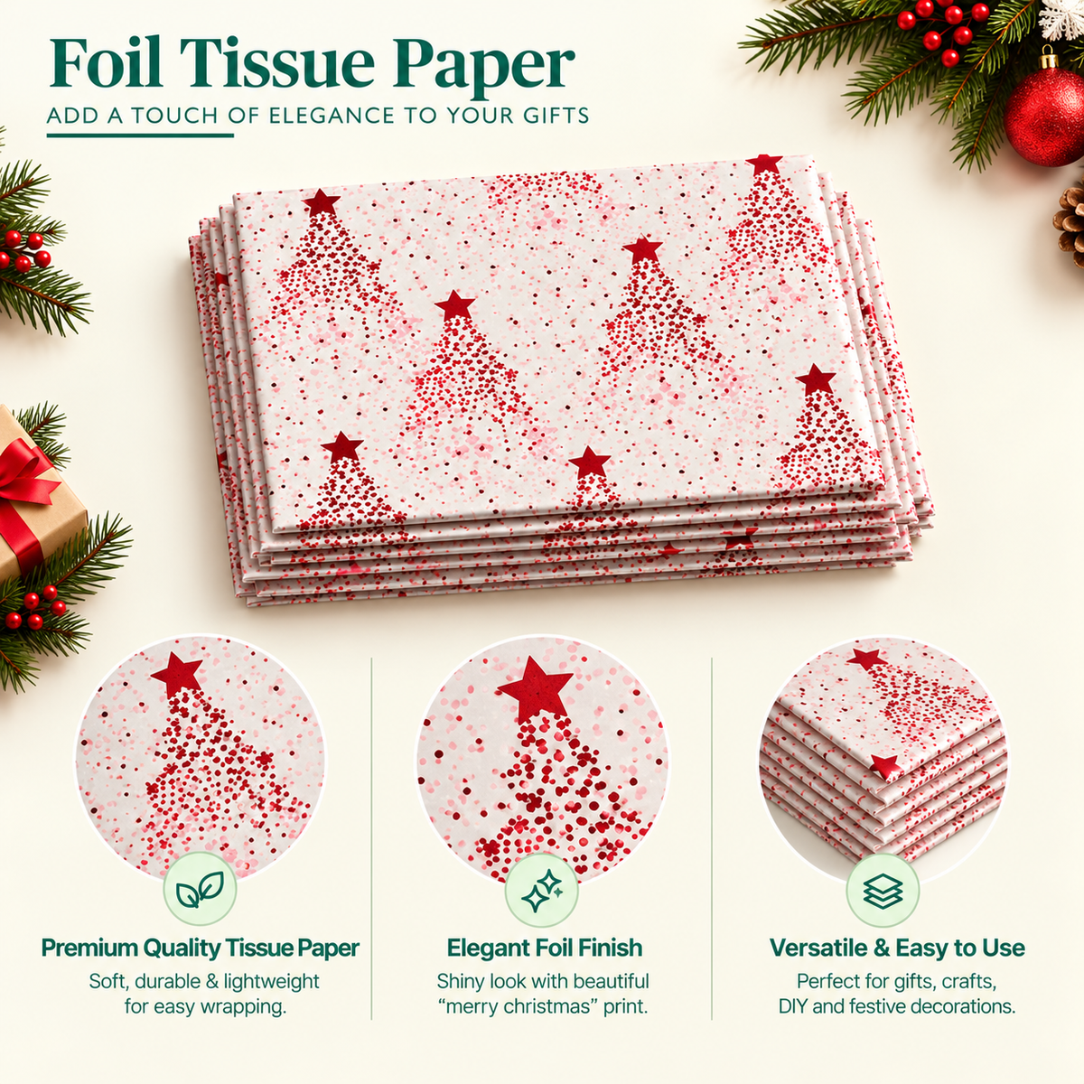 Pack of 5 Dotted Christmas Star Design 50 x 70 cm Luxury Red Foil Tissue Sheets