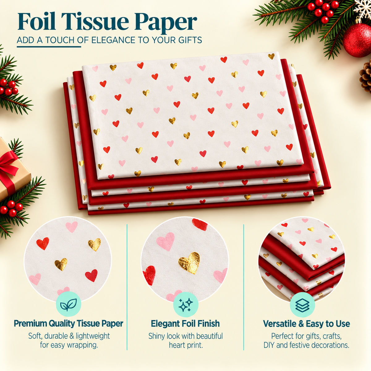 Pack of 8 Valentine Elegance Hearts Luxury Red Foil Design & Plain Red 50 x 70 cm Tissue Sheets - Christmas Valentine's Wedding Birthday
