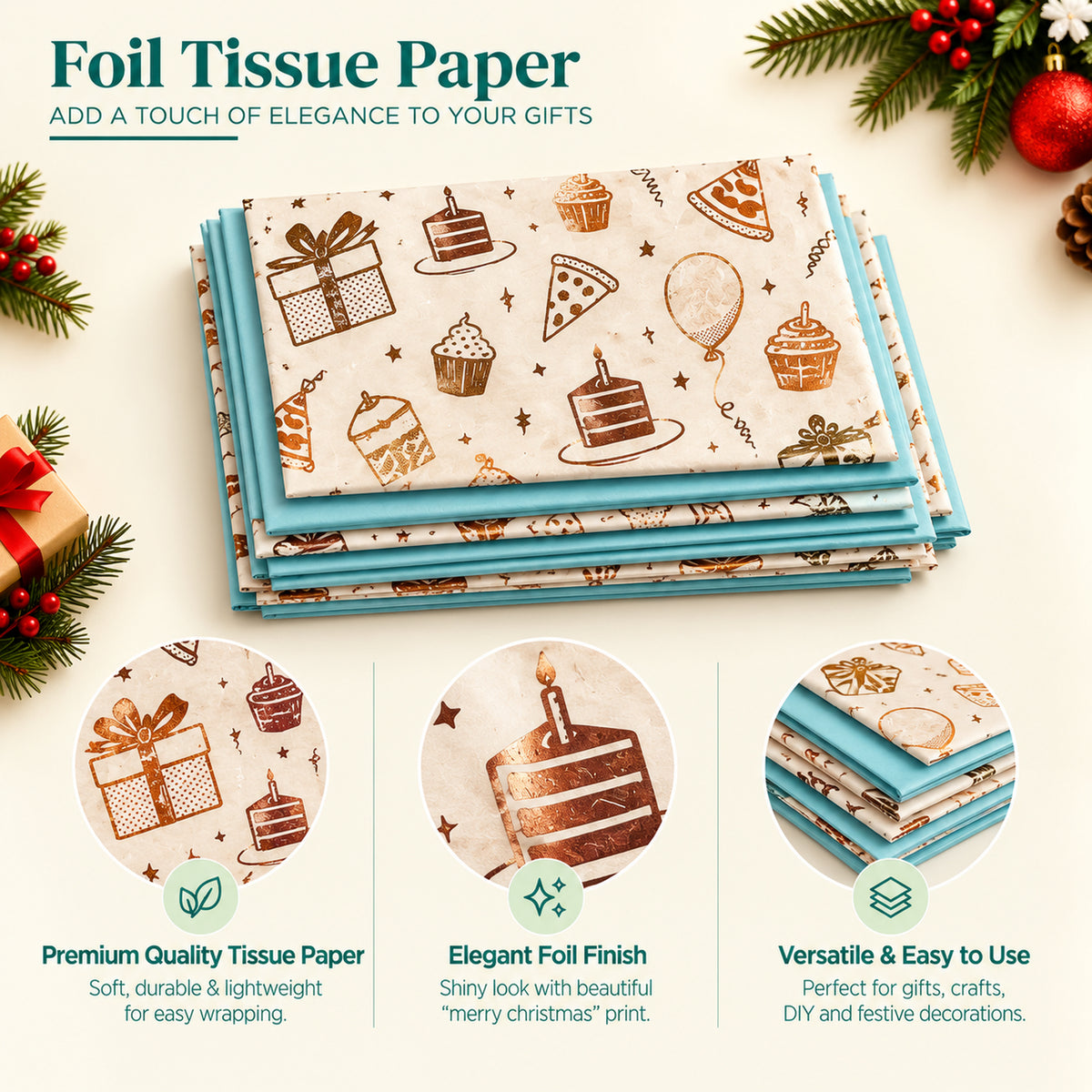 Pack of 8 Birthday Bliss Luxury Gold Foil Design & Plain Sky Blue 50 x 70 cm Tissue Sheets - Boys, Cake, Celebration