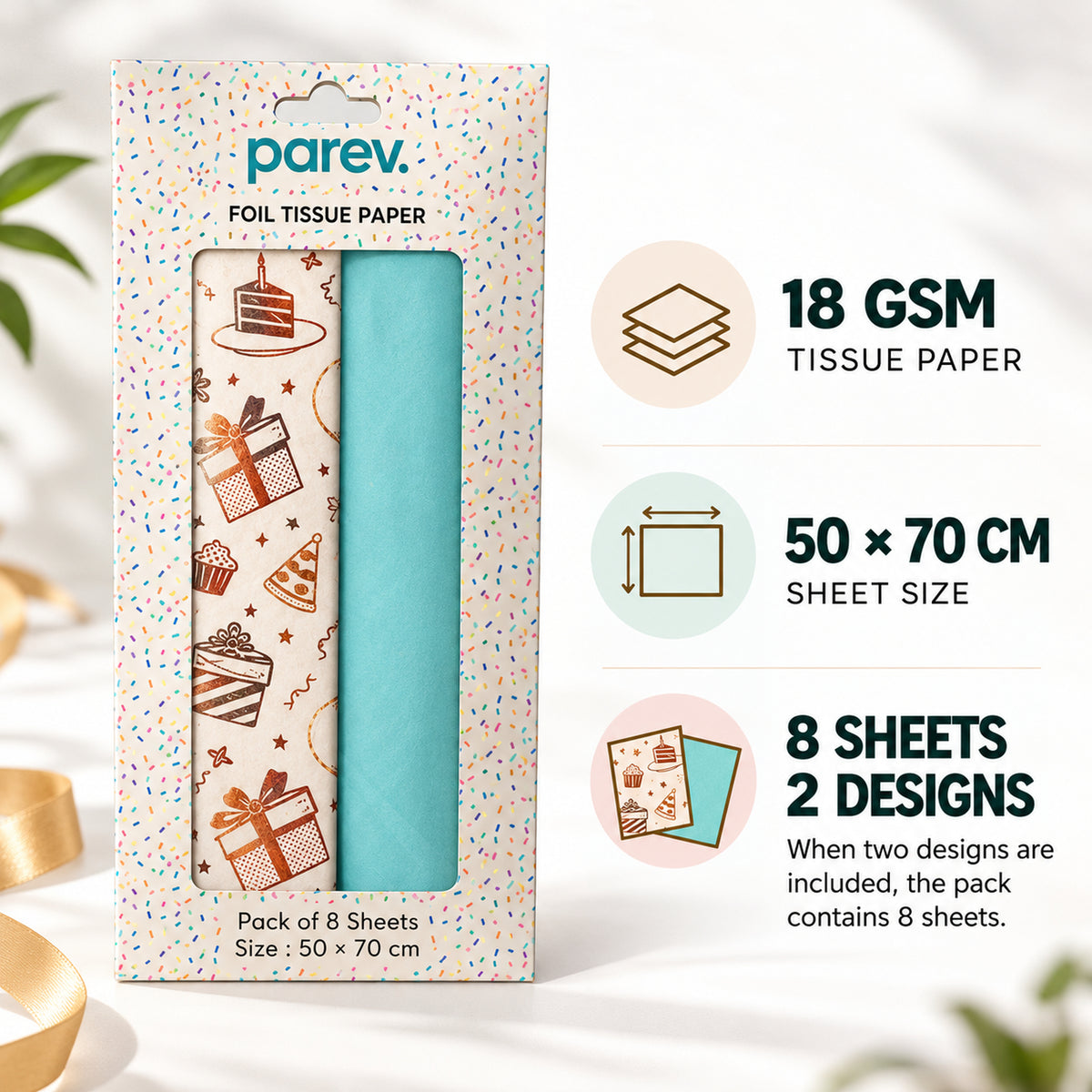 Pack of 8 Birthday Bliss Luxury Gold Foil Design & Plain Sky Blue 50 x 70 cm Tissue Sheets - Boys, Cake, Celebration