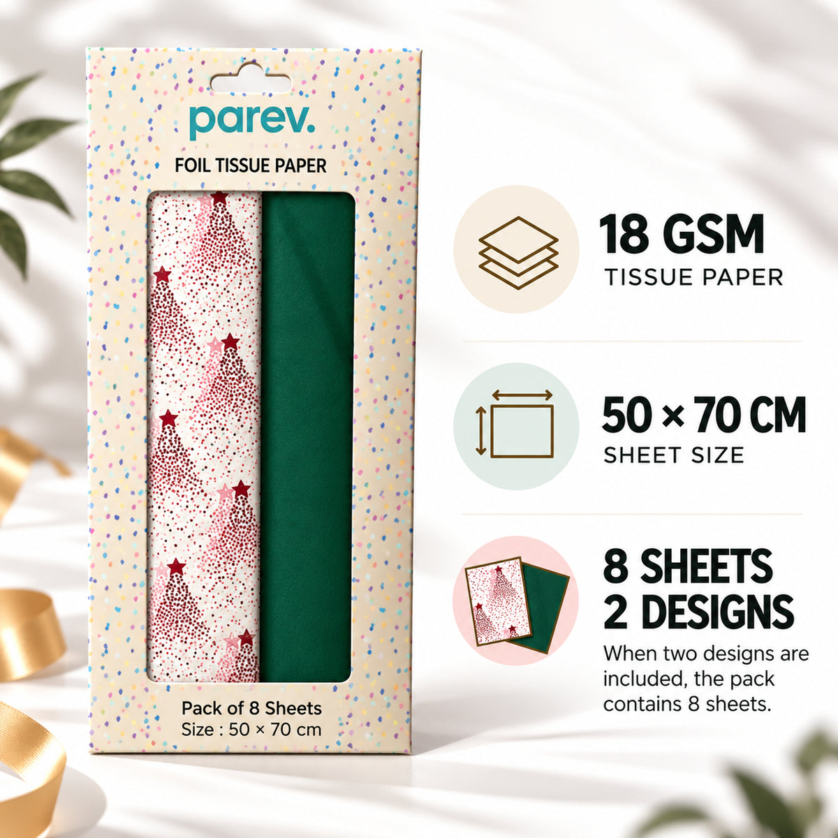 Pack of 8 Dotted Christmas Tree Luxury Red Foil Design & Plain Dark Green 50 x 70 cm Tissue Sheets