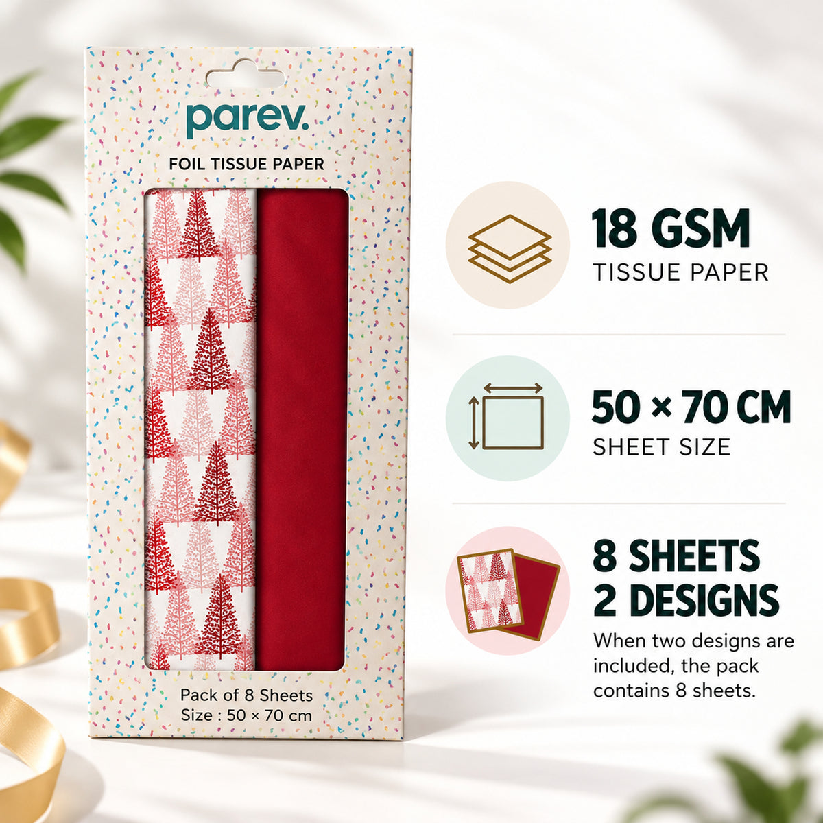 Pack of 8 Christmas Line Art Luxury Red Foil Design & Plain Red 50 x 70 cm Tissue Sheets - Christmas Valentine's Wedding Birthday