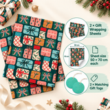 Pack of 2 Present Pattern Design 50 x 70 cm Gift Wrap Sheets with 2 Tags - Christmas Birthdays Kids Party Holiday Gifting
