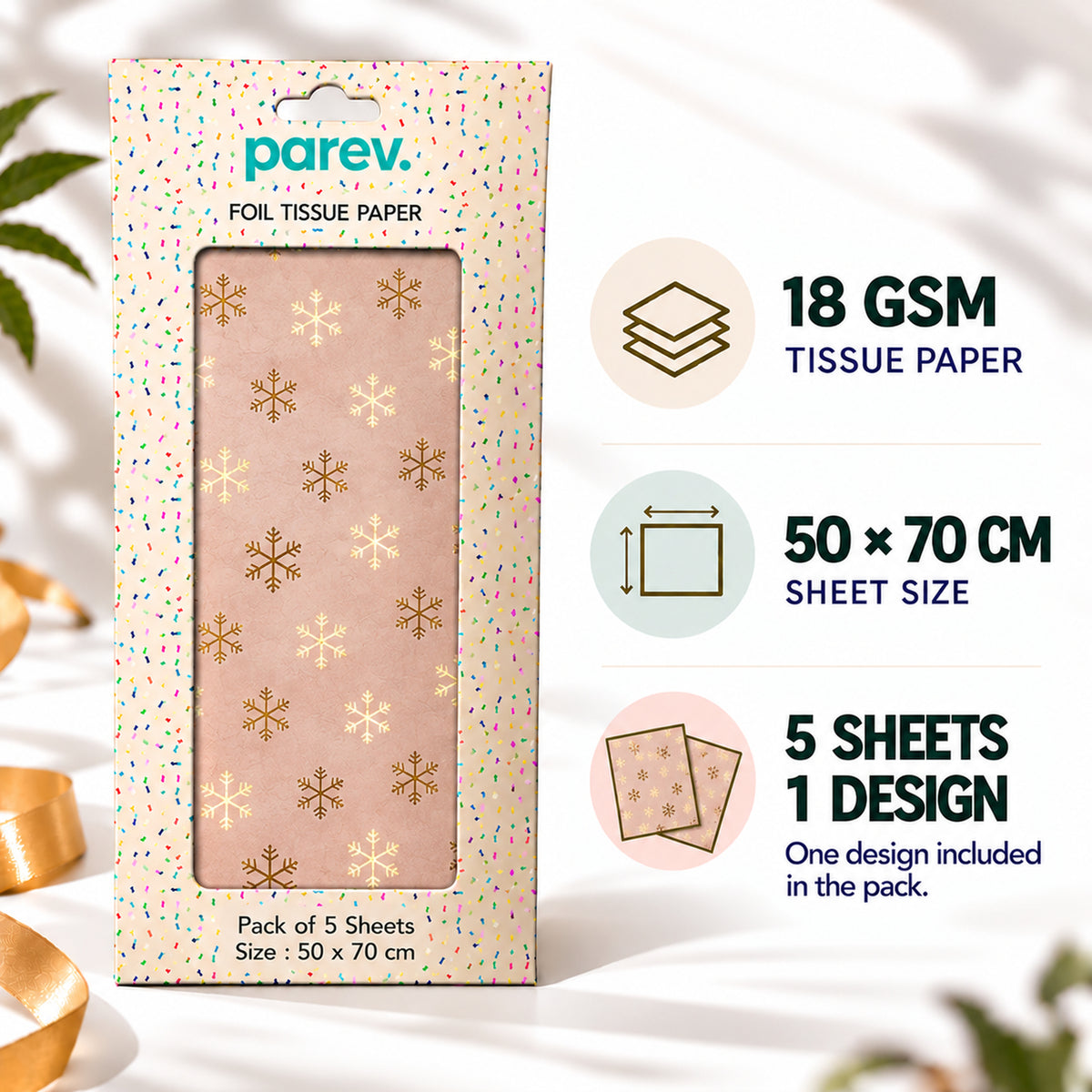 Pack of 5 Snowflakes Dots Design 50 x 70 cm Luxury Gold Foil Tissue Sheets - Christmas, Winter, Celebration