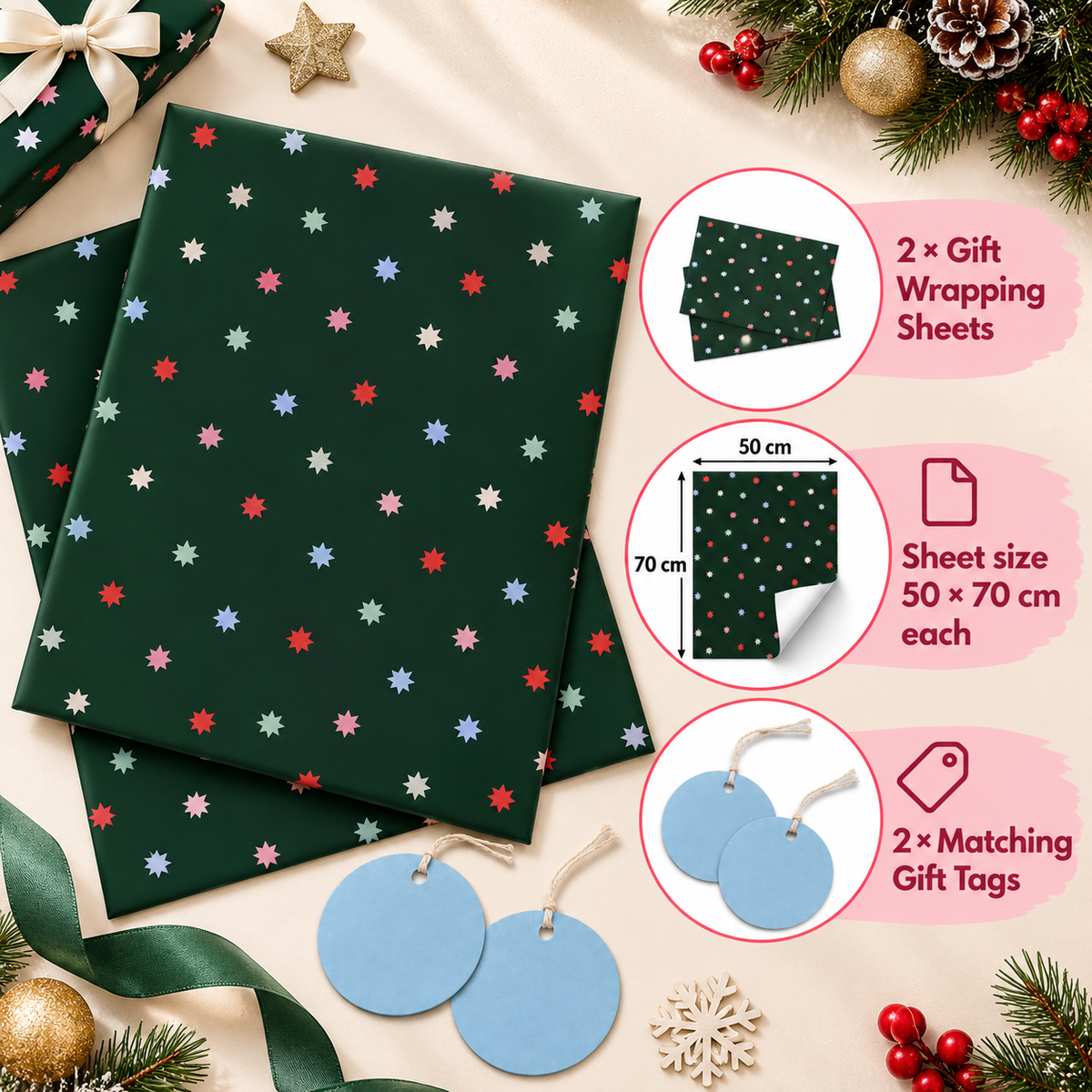 Pack of 2 Christmas Midnight Starfall Design 50 x 70 cm Gift Wrap Sheets with 2 Tags - Christmas Birthdays Kids Party Holiday Gifting