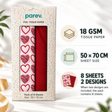 Pack of 8 Valentine Hearts Medley Luxury Red Foil Design & Plain Red 50 x 70 cm Tissue Sheets - Christmas Valentine's Wedding Birthday
