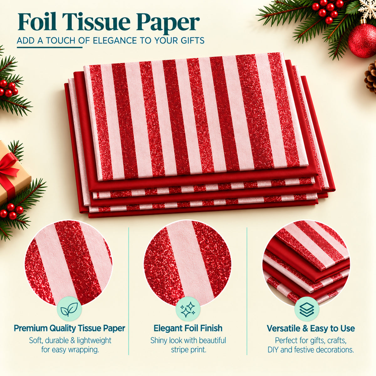 Pack of 8 Classic Horizon Band Luxury Red Foil Design & Plain Red 50 x 70 cm Tissue Sheets - Christmas, Valentine