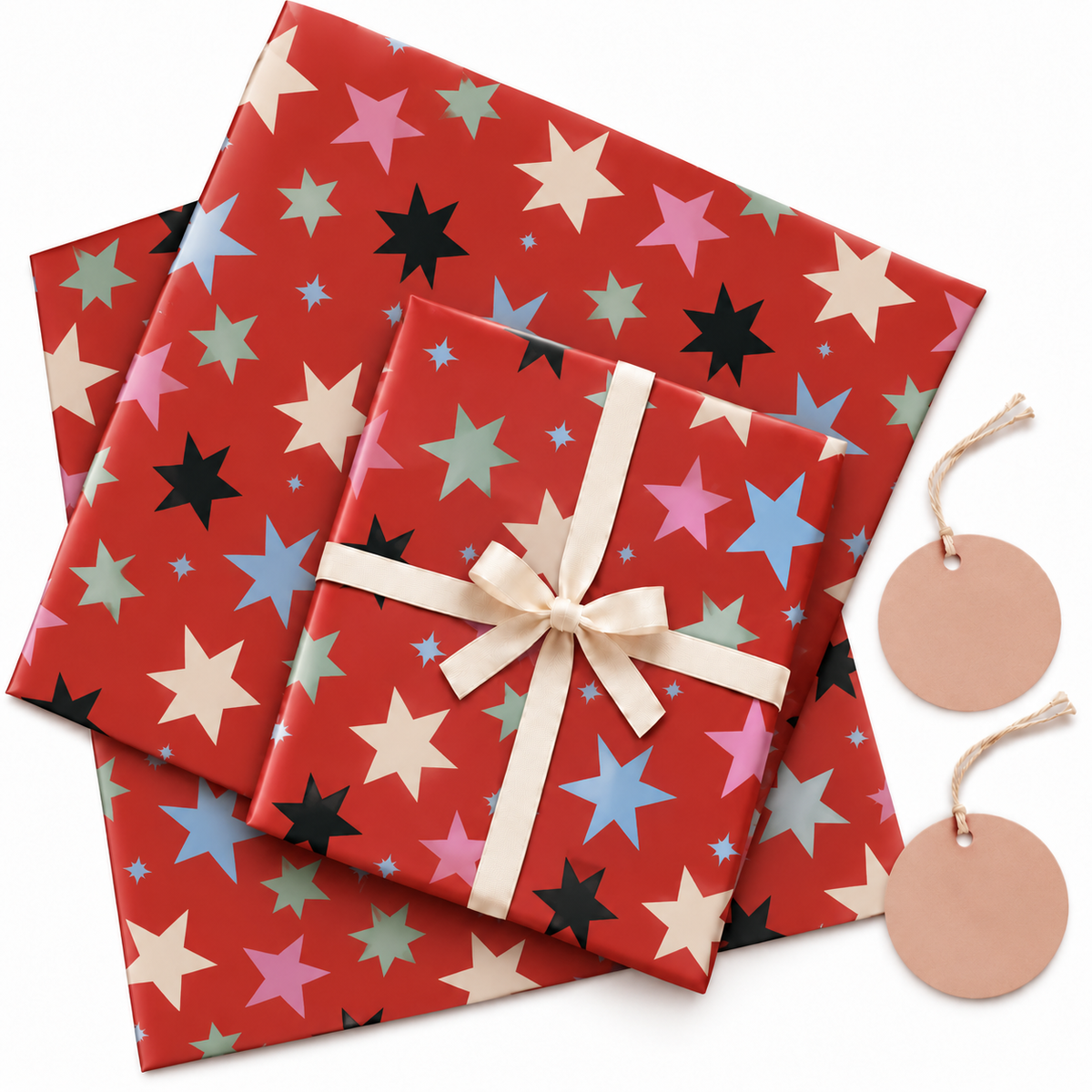 Pack of 2 Starburst Design 50 x 70 cm Gift Wrap Sheets with 2 Tags - Christmas Birthdays Festive Gifting