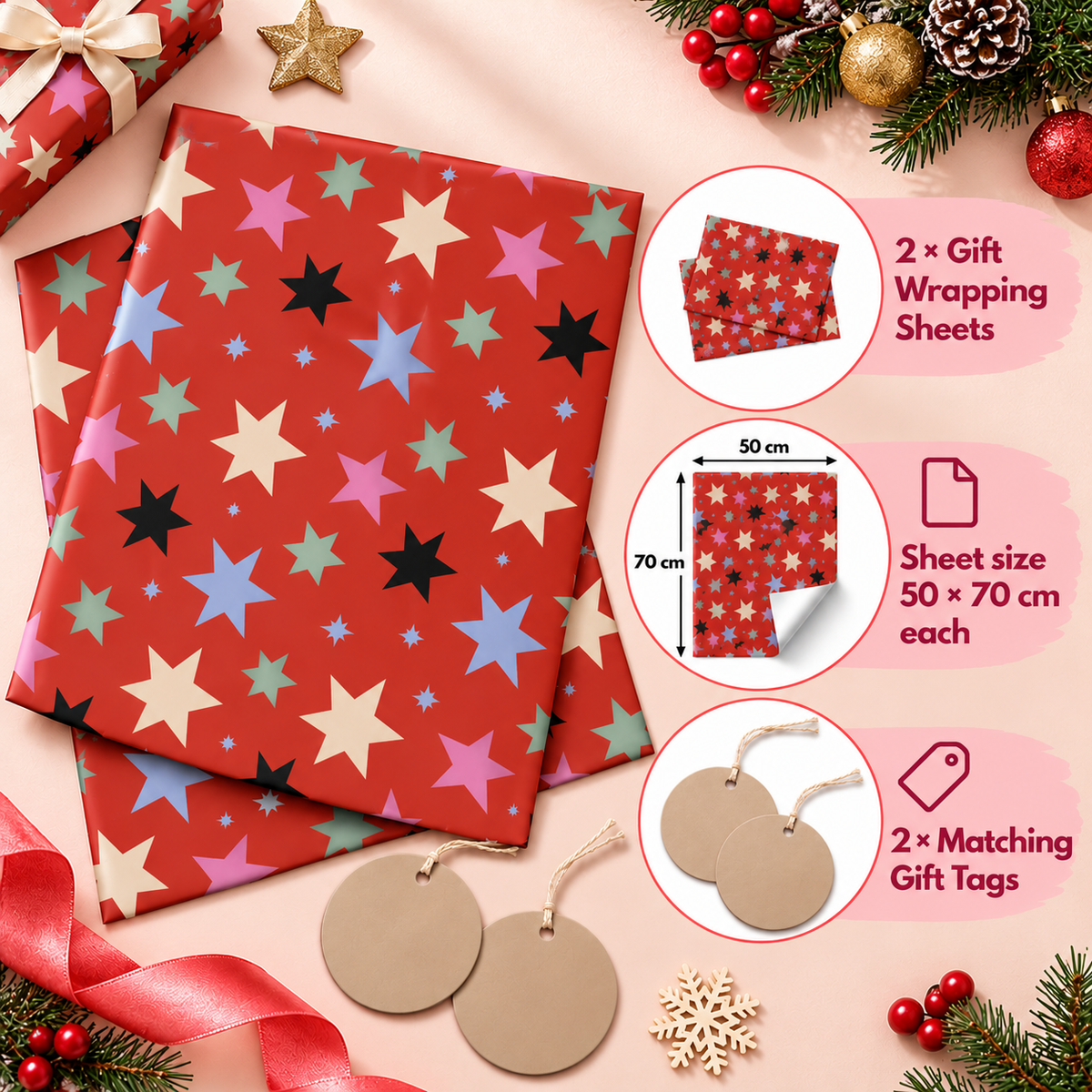 Pack of 2 Starburst Design 50 x 70 cm Gift Wrap Sheets with 2 Tags - Christmas Birthdays Festive Gifting