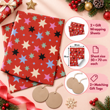 Pack of 2 Starburst Design 50 x 70 cm Gift Wrap Sheets with 2 Tags - Christmas Birthdays Festive Gifting