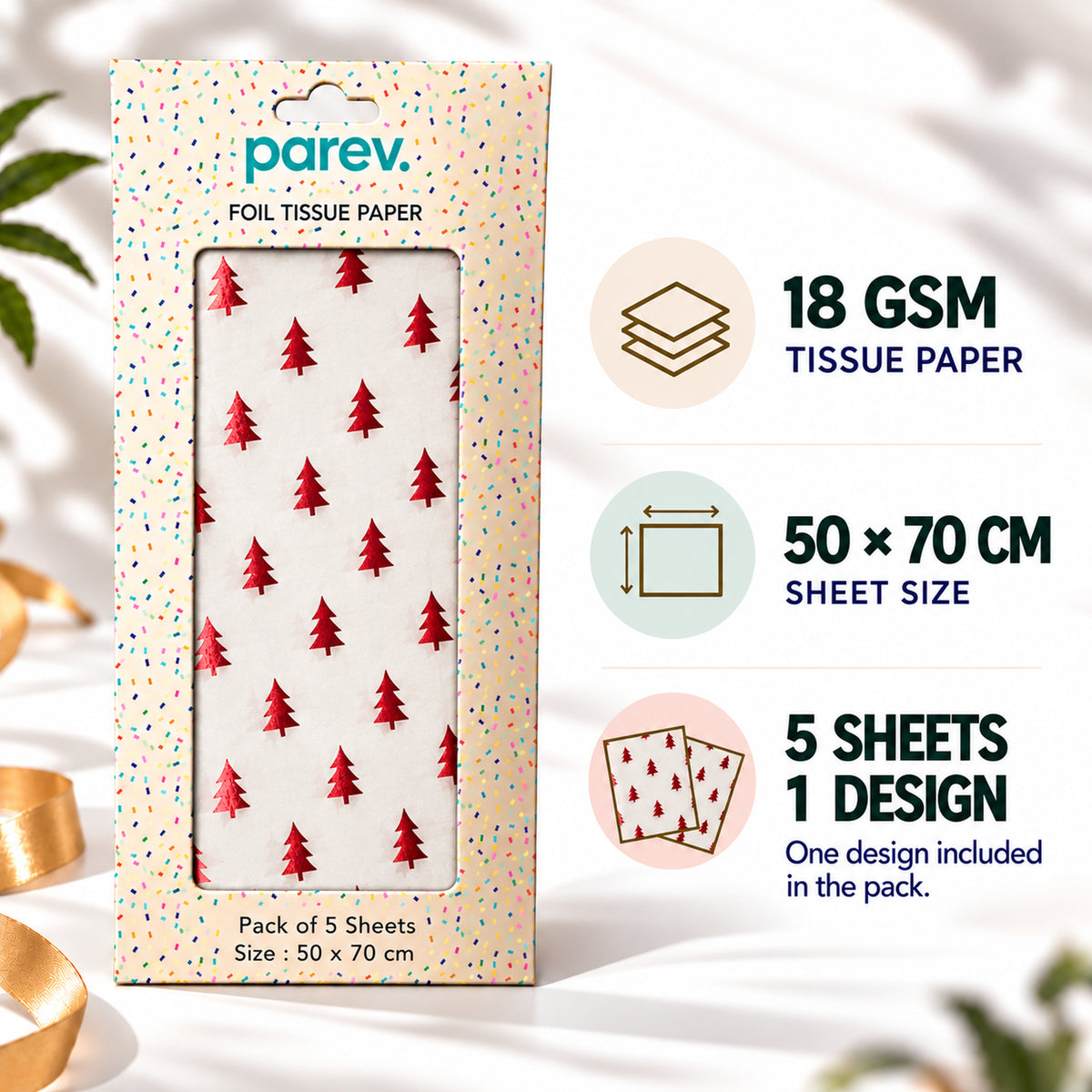 Pack of 5 Christmas Tree Evergreen Design 50 x 70 cm Luxury Red Foil Tissue Sheets