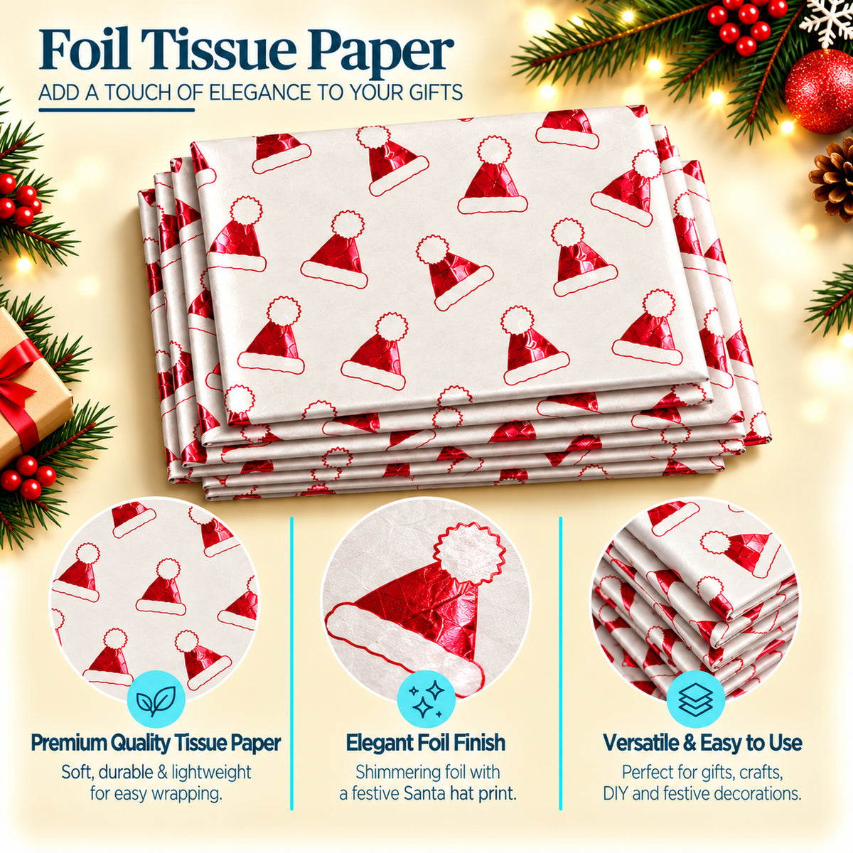 Pack of 5 Christmas Santa Hat Toss Design 50 x 70 cm Luxury Red Foil Tissue Sheets