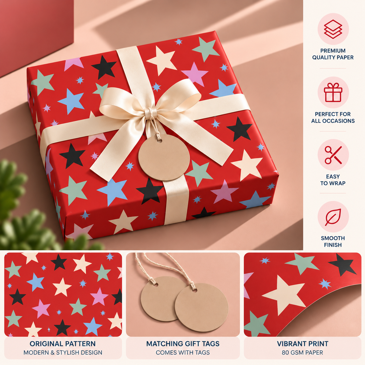 Pack of 2 Starburst Design 50 x 70 cm Gift Wrap Sheets with 2 Tags - Christmas Birthdays Festive Gifting
