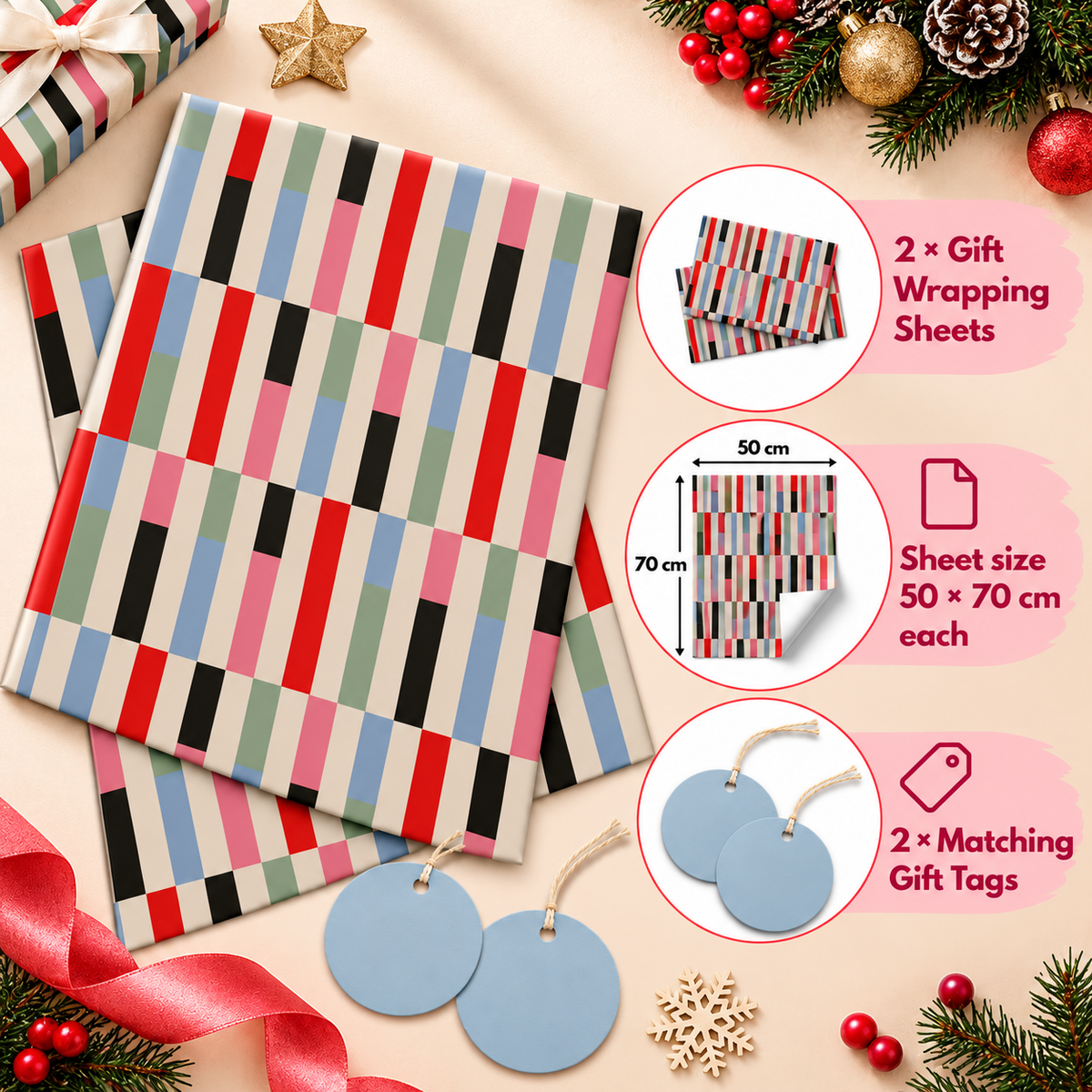 Pack of 2 Confetti Collumns Design 50 x 70 cm Gift Wrap Sheets with 2 Tags - Christmas Birthdays Kids Party Holiday Gifting