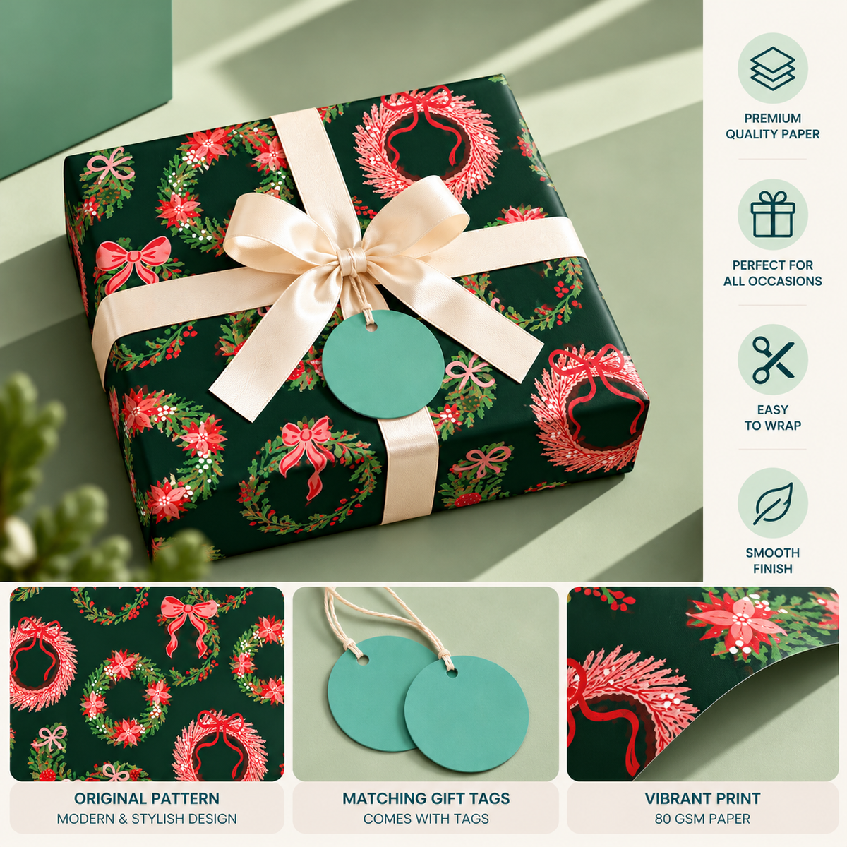Pack of 2 Winterberry Wreath Design 50 x 70 cm Gift Wrap Sheets with 2 Tags - Christmas Seasonal Celebrations Winter Parties