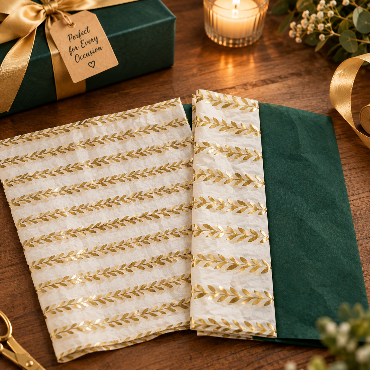 Pack of 8 Garden Bands Luxury Gold Foil Design & Plain Green 50 x 70 cm Tissue Sheets - Christmas Winter Celebrations Wedding Anniversary