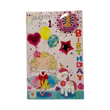 Daughter Age 1 Girl And Unicorn Design Juvenile Birthday Card With Badge