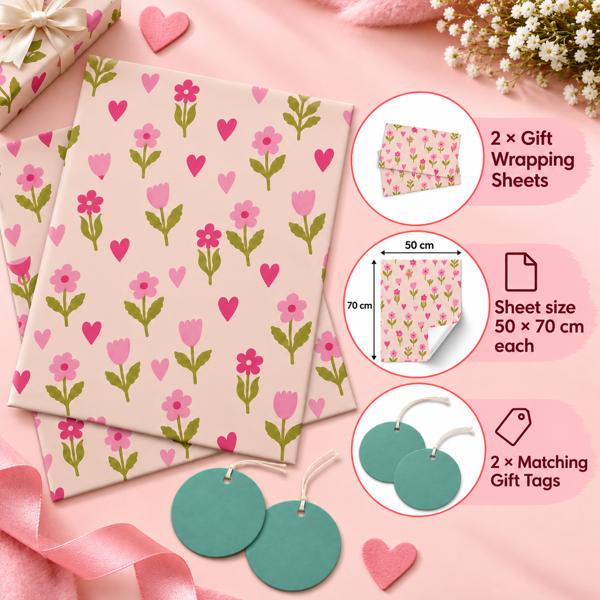 Pack of 2 Little Wildflower Design 50 x 70 cm Gift Wrap Sheets with 2 Tags - Valentine’s Mother's Day Birthdays Everyday Celebrations