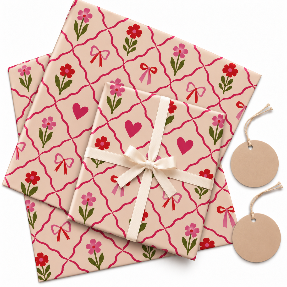 Pack of 2 Sweet Blooms Design 50 x 70 cm Gift Wrap Sheets with 2 Tags - Valentine’s Mother's Day Birthdays Everyday Celebrations