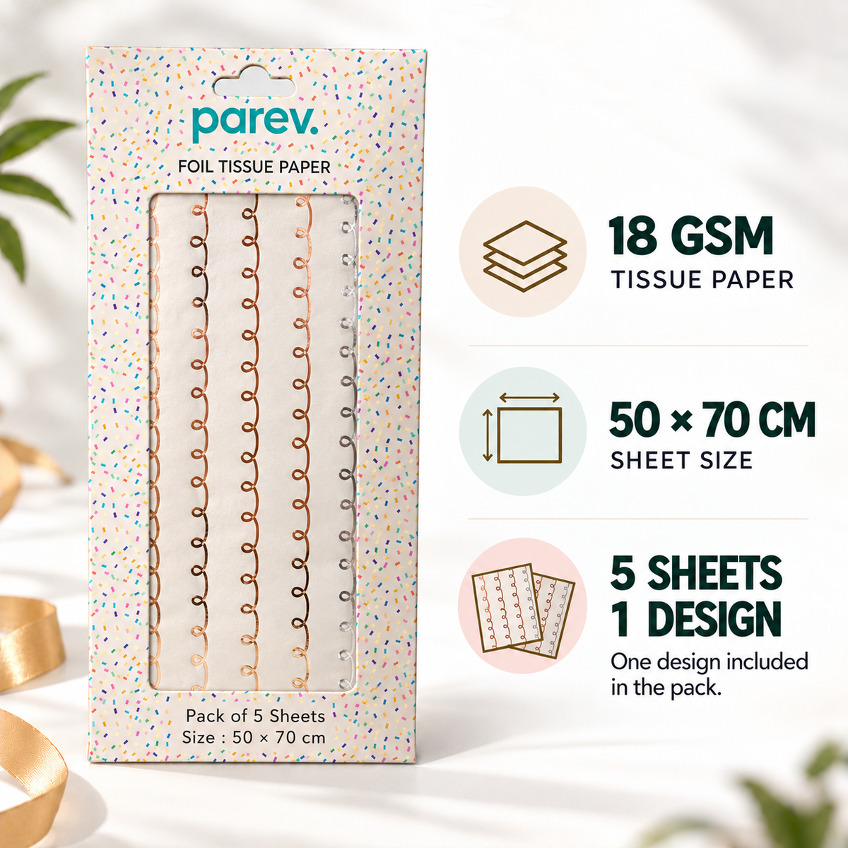 Pack of 5 White Swirl Band Design 50 x 70 cm Luxury Silver Foil Tissue Sheets - Wedding, Anniversary
