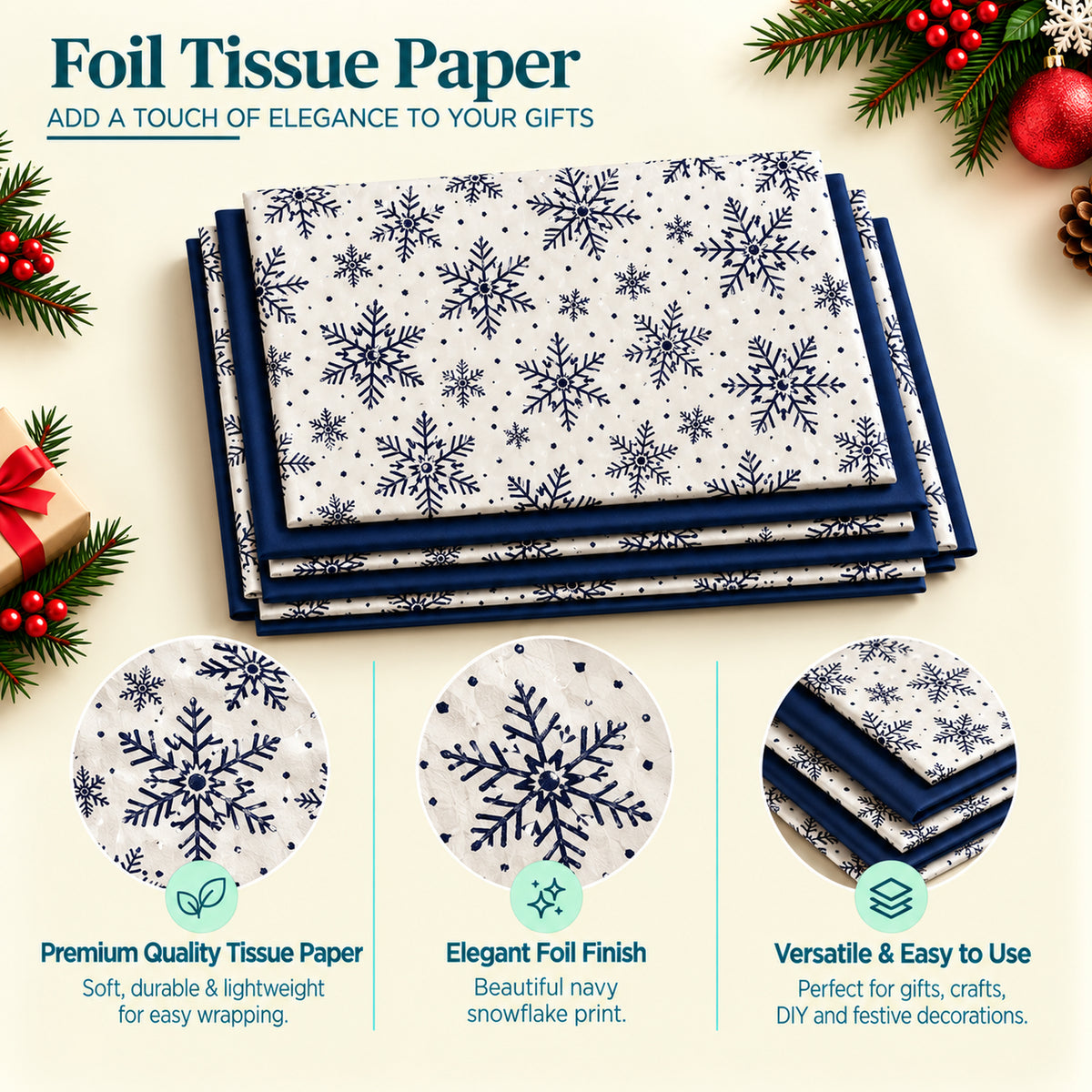 Pack of 8 Winter Foil Snowflakes & Plain Navy Blue 50 x 70 cm Tissue Sheets - Christmas Winter Celebrations