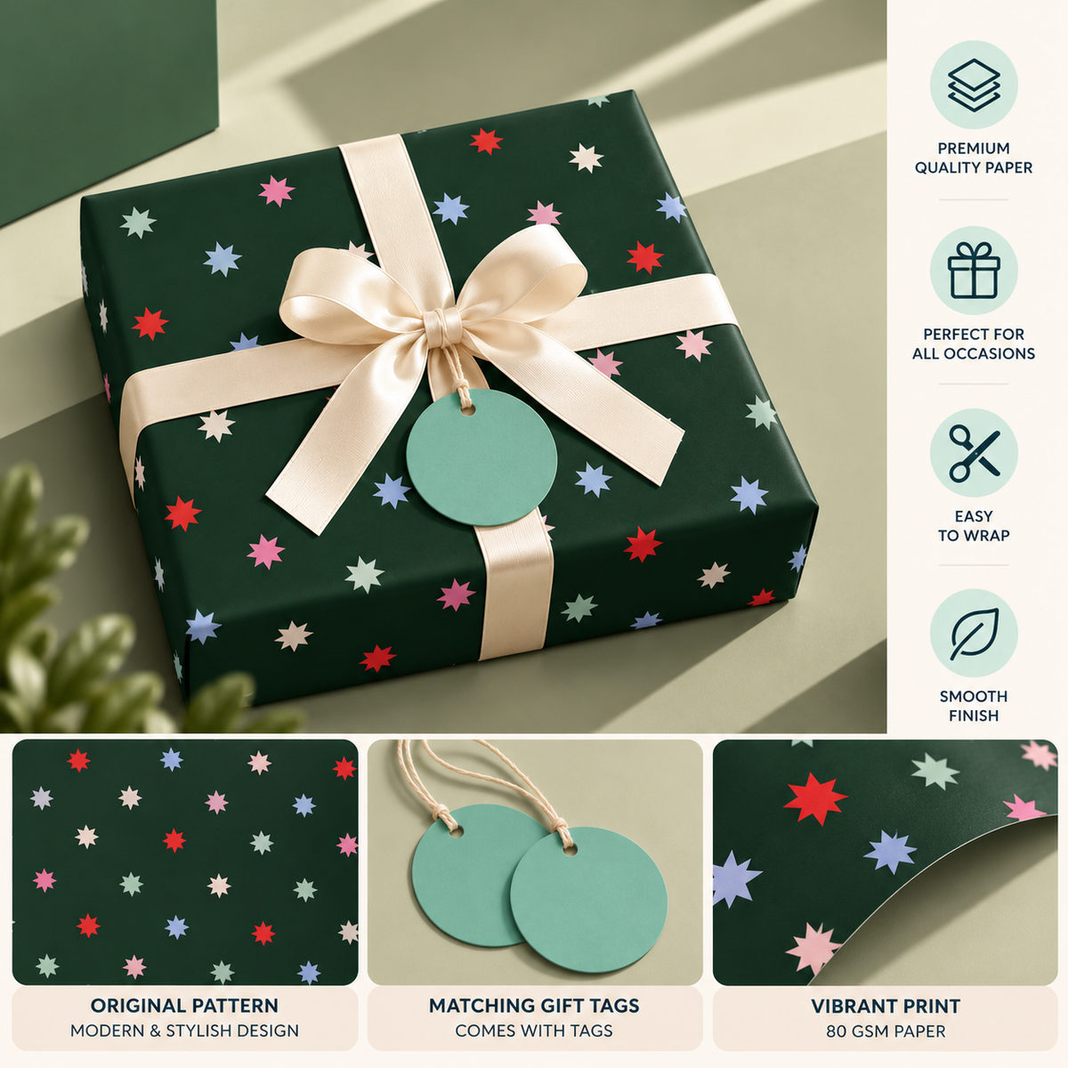 Pack of 2 Christmas Midnight Starfall Design 50 x 70 cm Gift Wrap Sheets with 2 Tags - Christmas Birthdays Kids Party Holiday Gifting