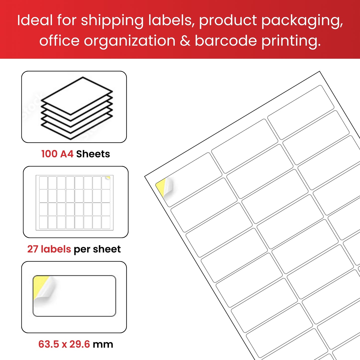 Pack of 2700 White 63.5x29.6mm Self Adhesive Labels (27 Labels per A4 Sheet)