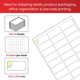 Pack of 2700 White 63.5x29.6mm Self Adhesive Labels (27 Labels per A4 Sheet)