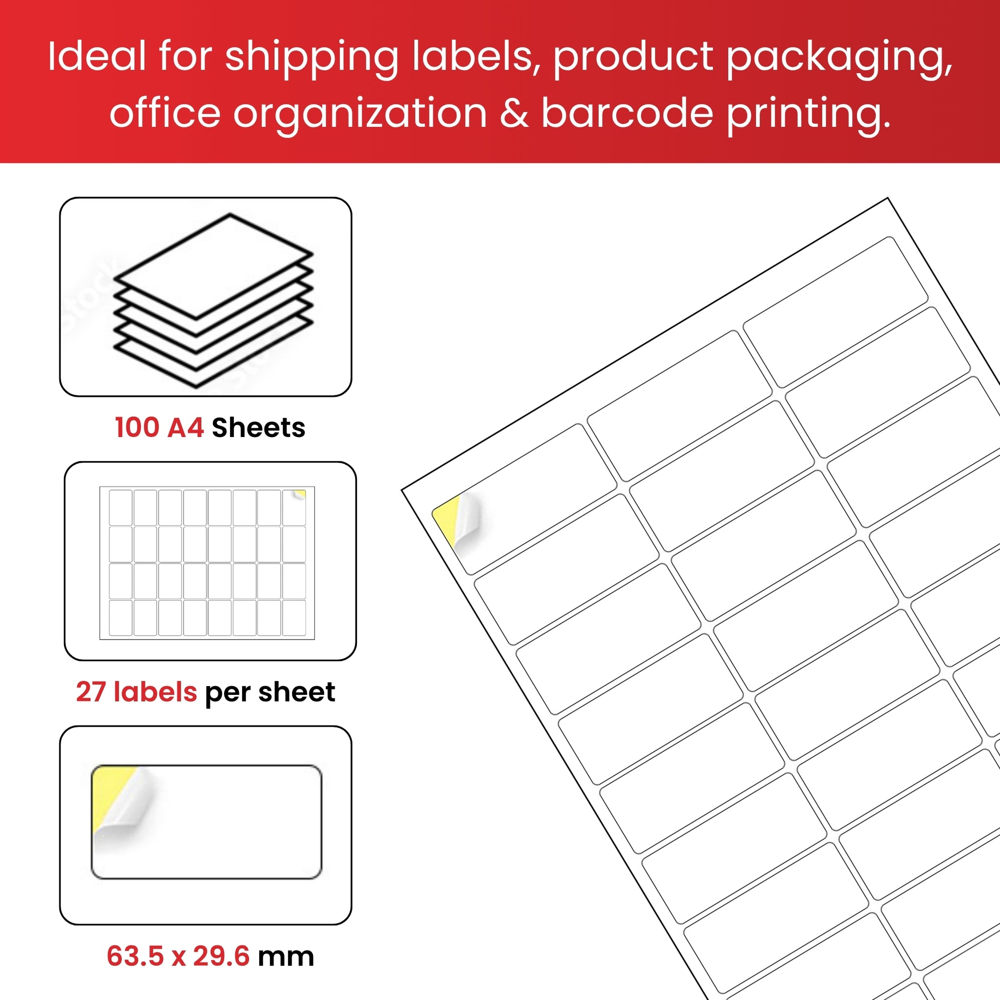 Pack of 2700 White 63.5x29.6mm Self Adhesive Labels (27 Labels per A4 Sheet)