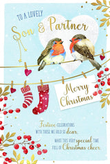 Robins On Washing Line Son And Partner Christmas Card