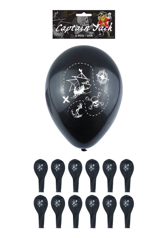 Pack of 12 Black Pirate Balloons with Printed Detail 23cm {DC}