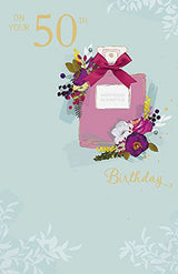 Perfume Bottle Surrounded By Glittery Flowers 50th Happy Birthday Card 