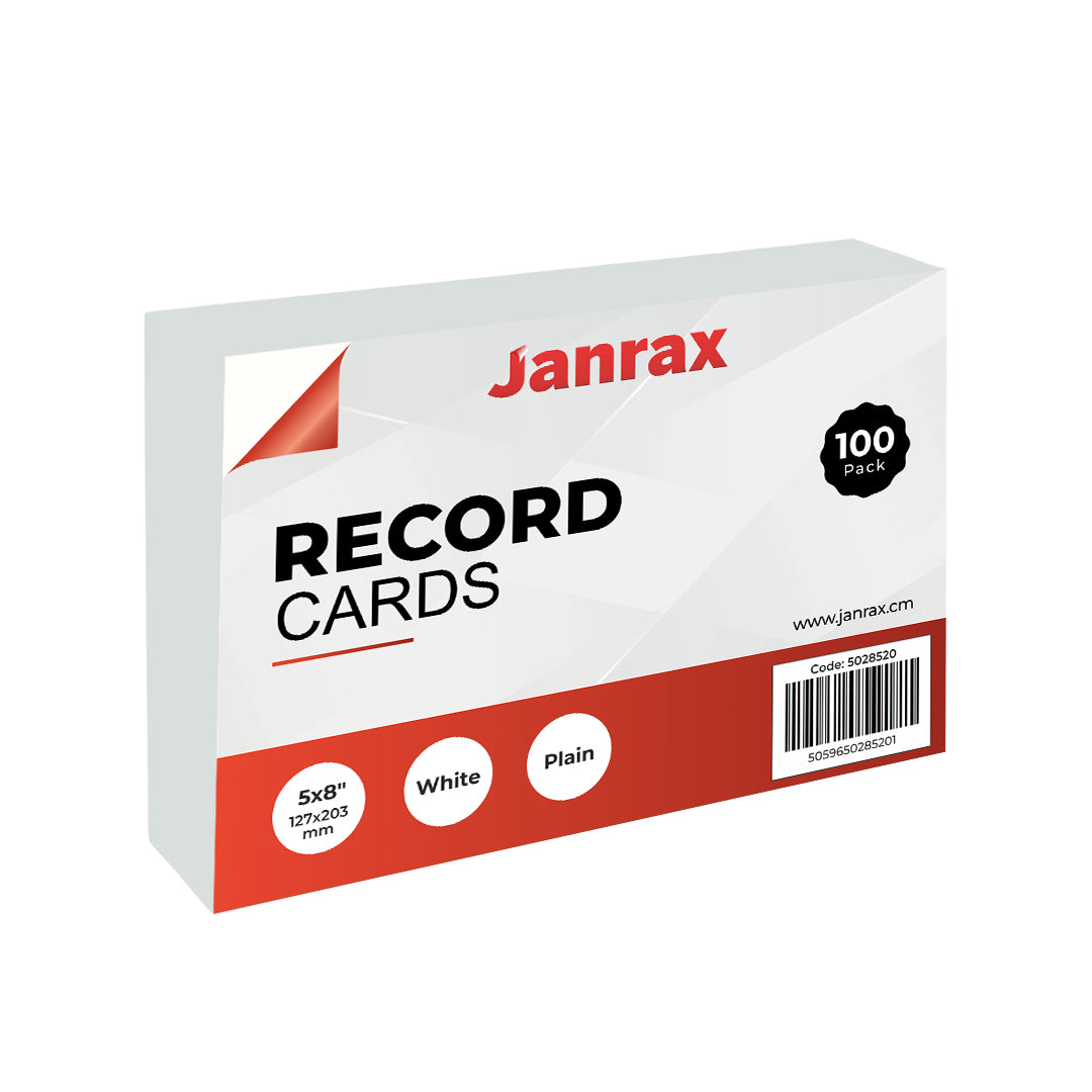 Pack of 100 White Plain 8x5" Record Cards – Blank Study Index Cards for Notes, Revision