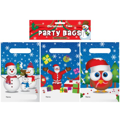 Pack of 12 Assorted Christmas Time Party Bags - Snowmen, Santa, Robin {DC}