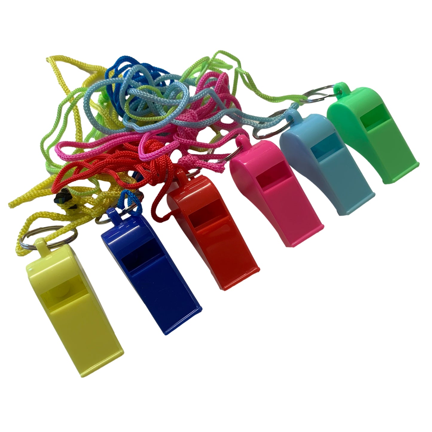 Bag of 10 Assorted Coloured Plastic Whistles with Lanyard Neck Cord