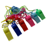 Bag of 10 Assorted Coloured Plastic Whistles with Lanyard Neck Cord